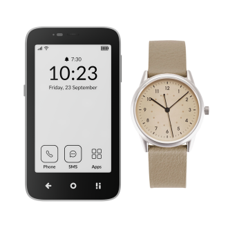 Mudita Kompakt phone & Moment NR Beige watch