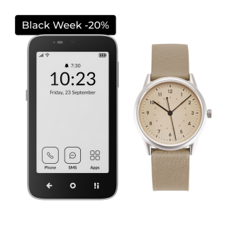 Mudita Kompakt phone & Moment NR Beige watch